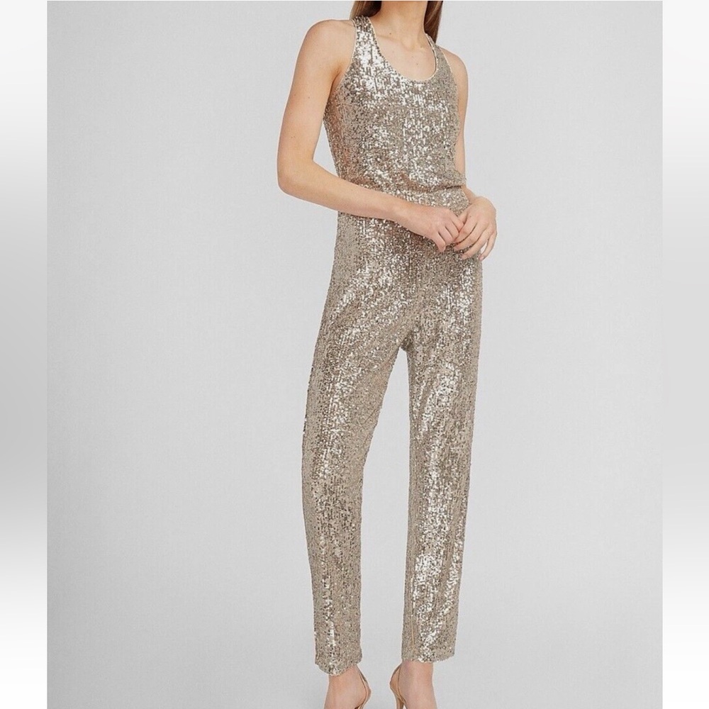 Express Sequin Jumpsuit Sleeveless Scoop-Neck Women’s Medium Silver Holidays